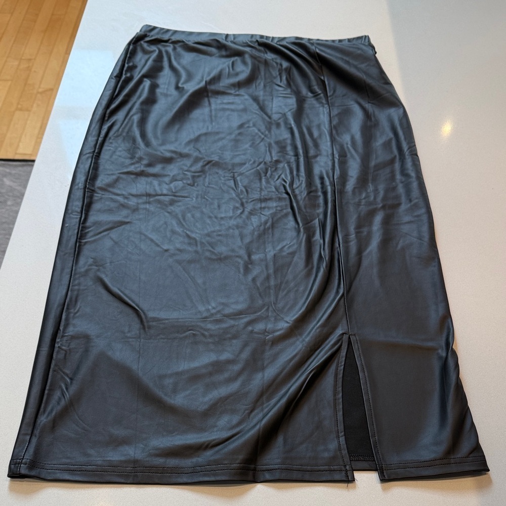 Faux Leather Stretch Midi Skirt with Front Slit, Black, Size XL